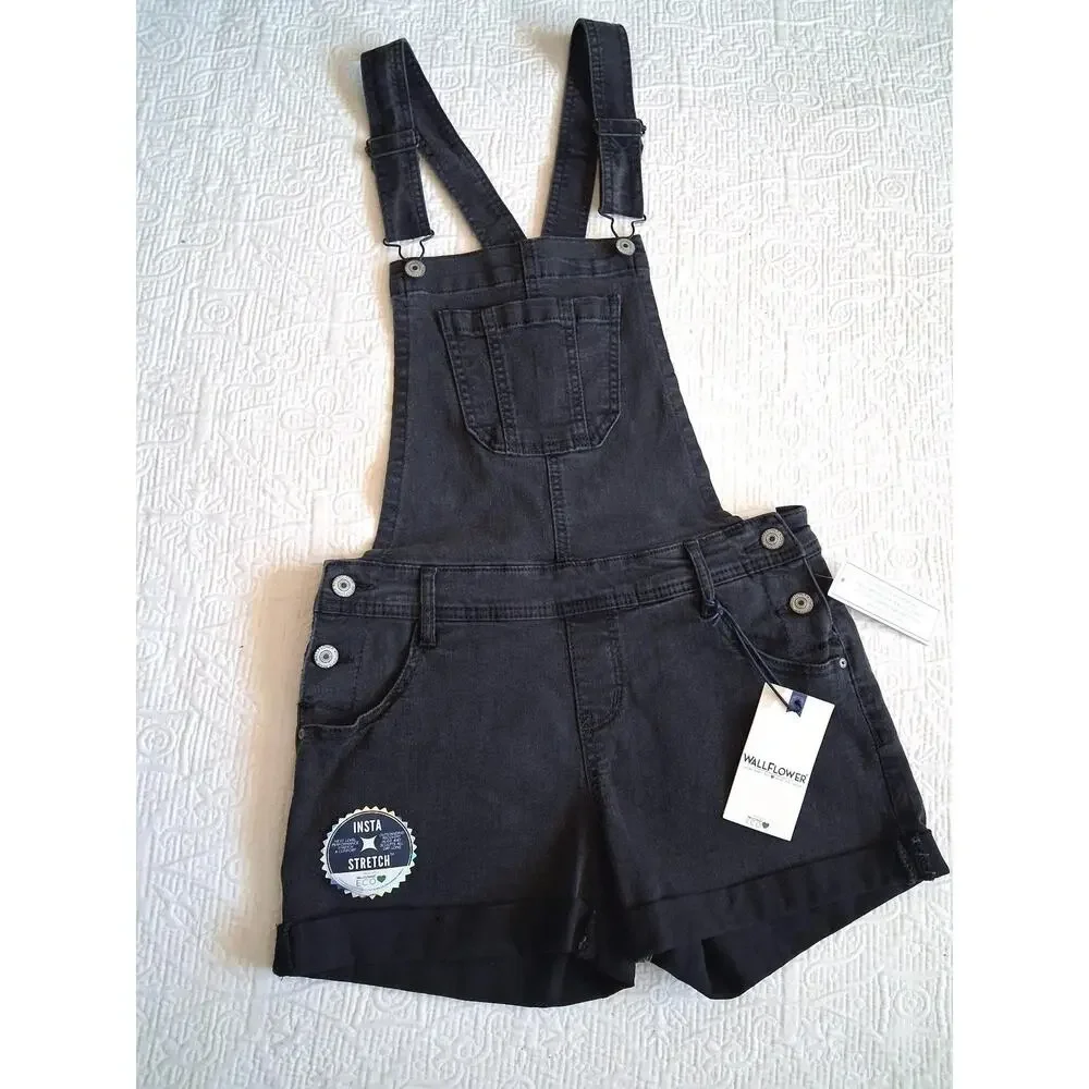 Wallflower Shortall Overall Shorts Cuffed Black Juniors Small 90s Y2K - Picture 7 of 7